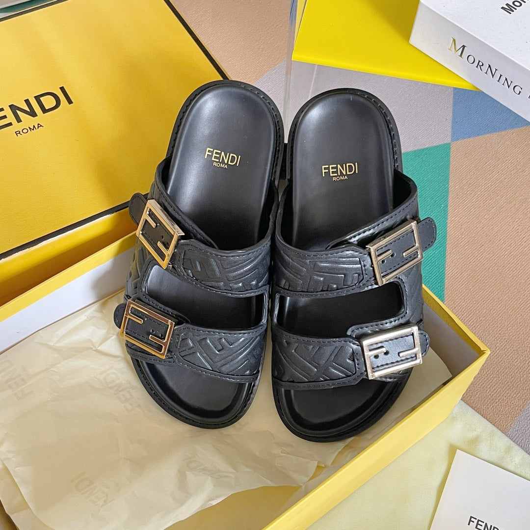 FENDI BAGUETTE DAD SANDALS IN BLACK EMBOSSED CALFSKIN WITH GOLD HARDWARE
