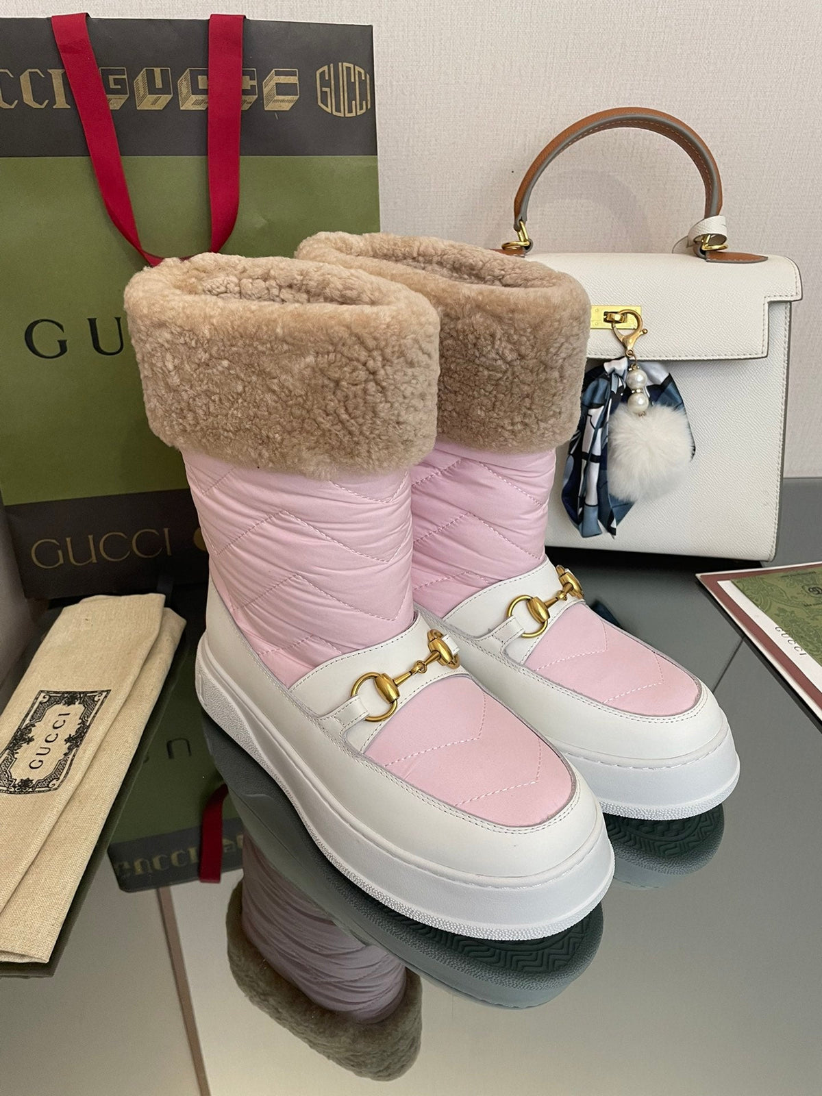 HORSEBIT ANKLE BOOTS WITH MERINO TRIM IN LIGHT PINK NYLON MIX WHITE CALFSKIN