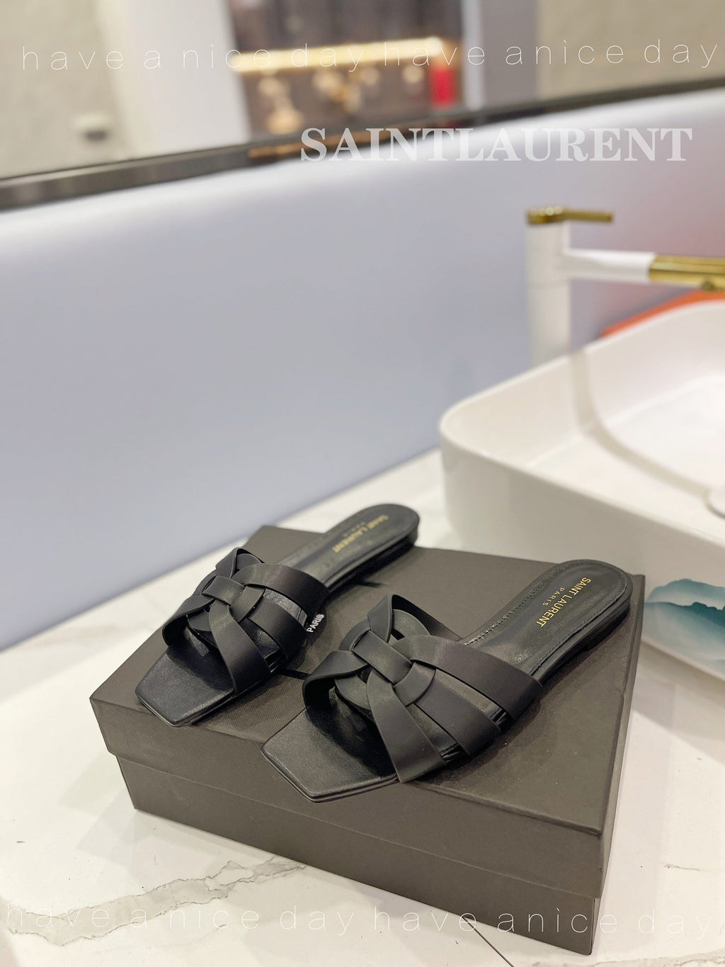 SL TRIBUTE SLIPPERS BLACK CALFSKIN