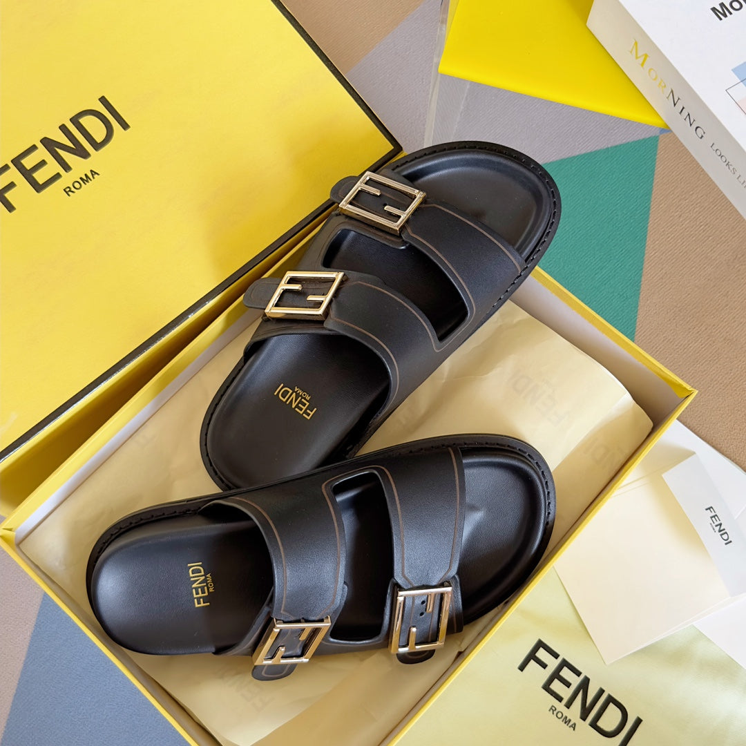 FENDI BAGUETTE DAD SANDALS IN BLACK CALFSKIN WITH GOLD HARDWARE