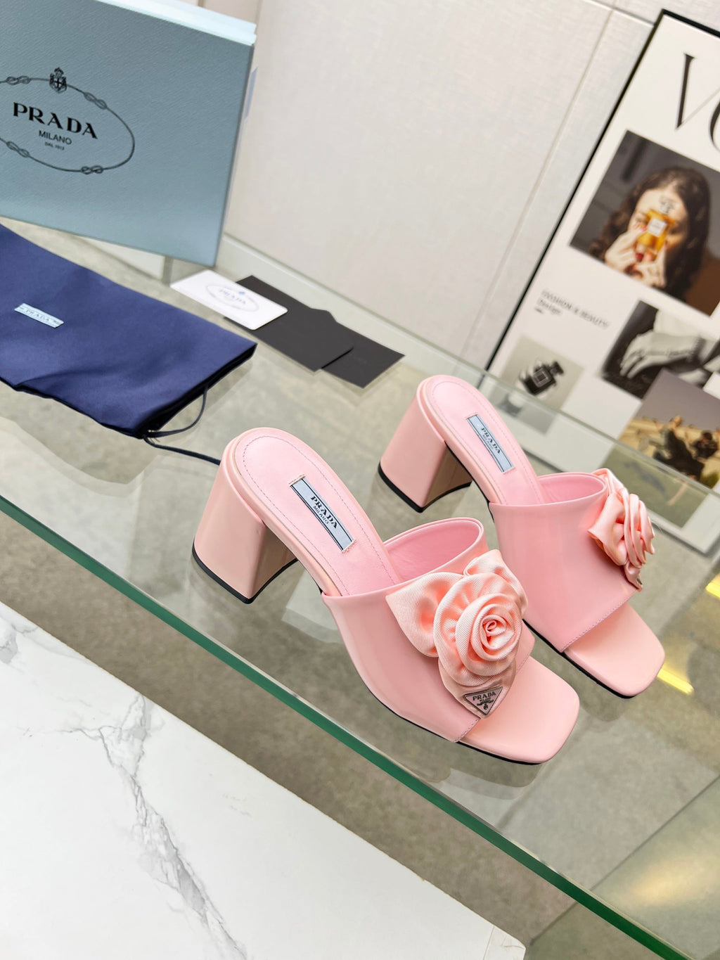 PRA FLOWER BLOCK HEELS 75 LIGHT PINK CALFSKIN
