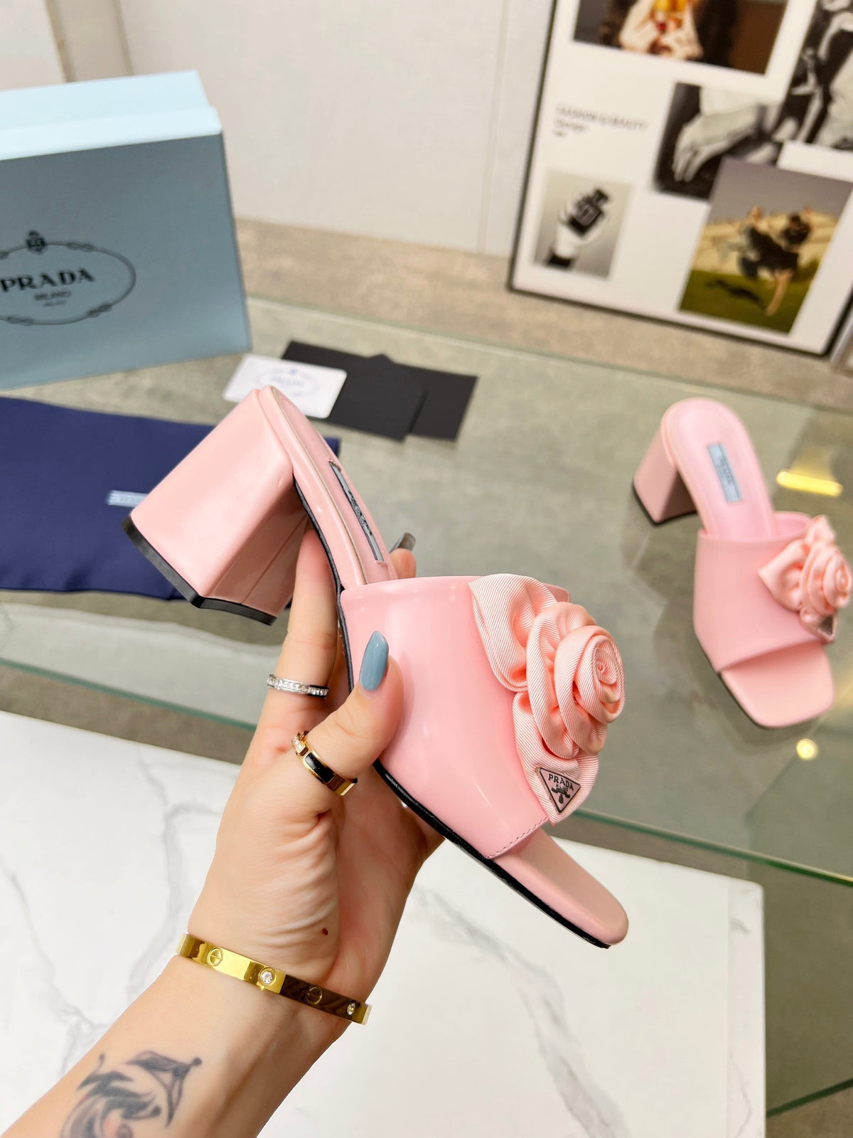 PRA FLOWER BLOCK HEELS 75 LIGHT PINK CALFSKIN