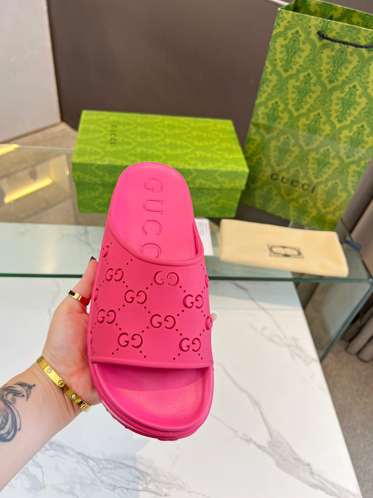 PLATFORM SANDALS IN BRIGHT PINK MONOGRAM IMPORTED TPU