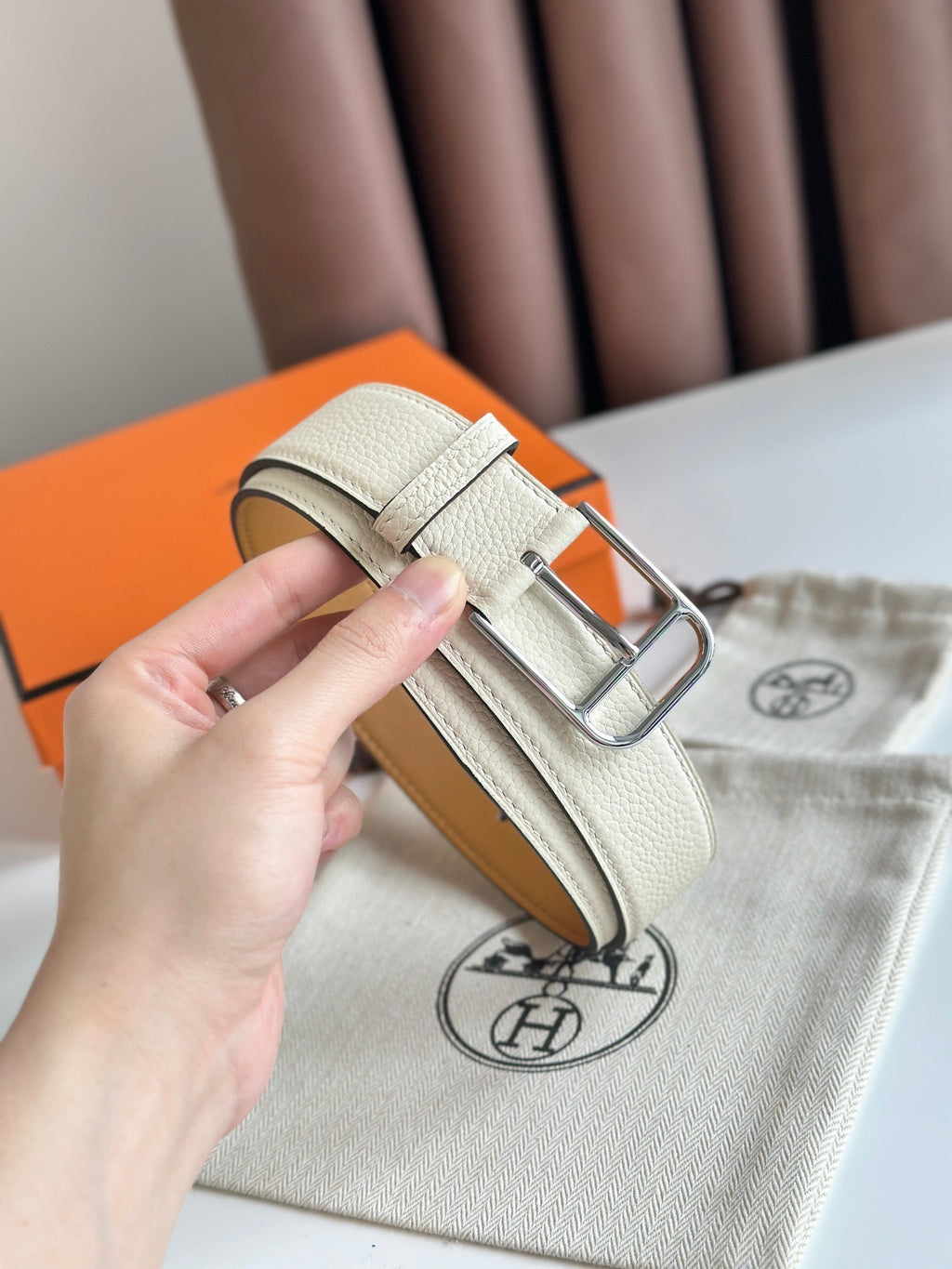 HM ROMAIN 35MM BELT WHITE CREAM LEATHER SILVER HARDWARE