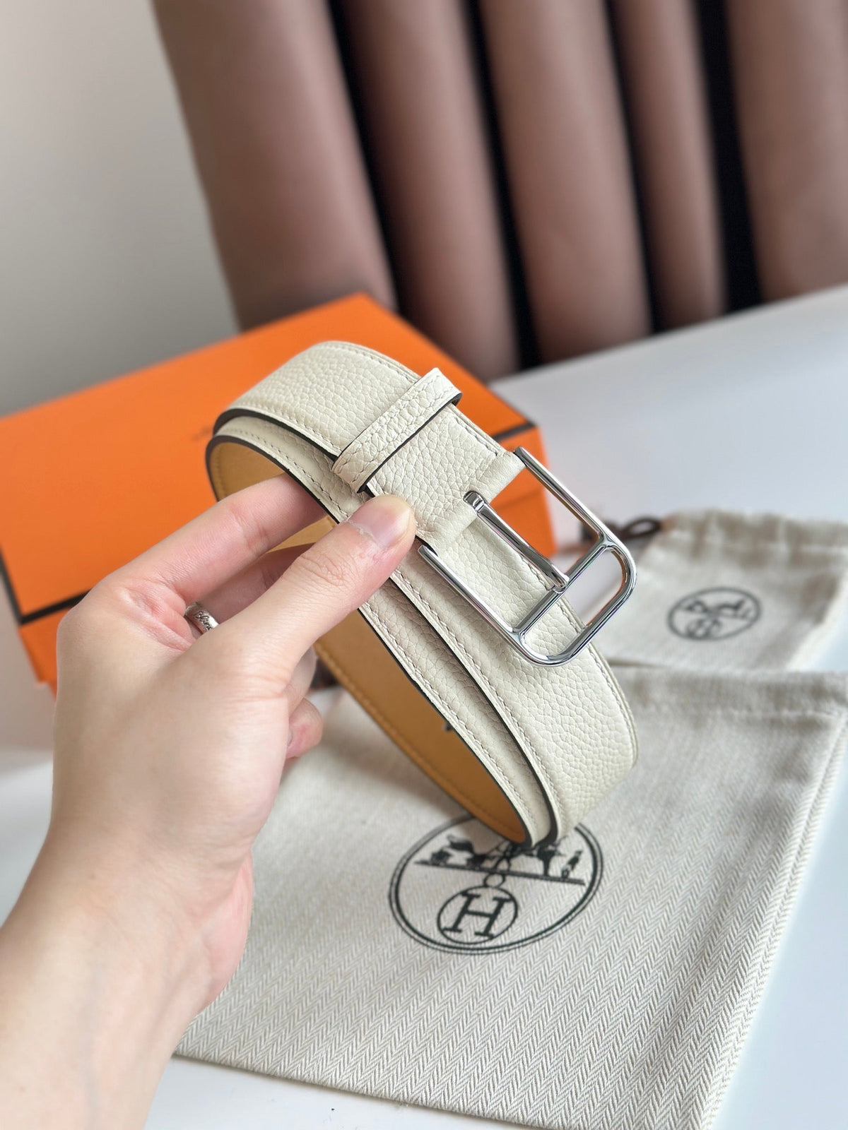 HM ROMAIN 35MM BELT WHITE CREAM LEATHER SILVER HARDWARE
