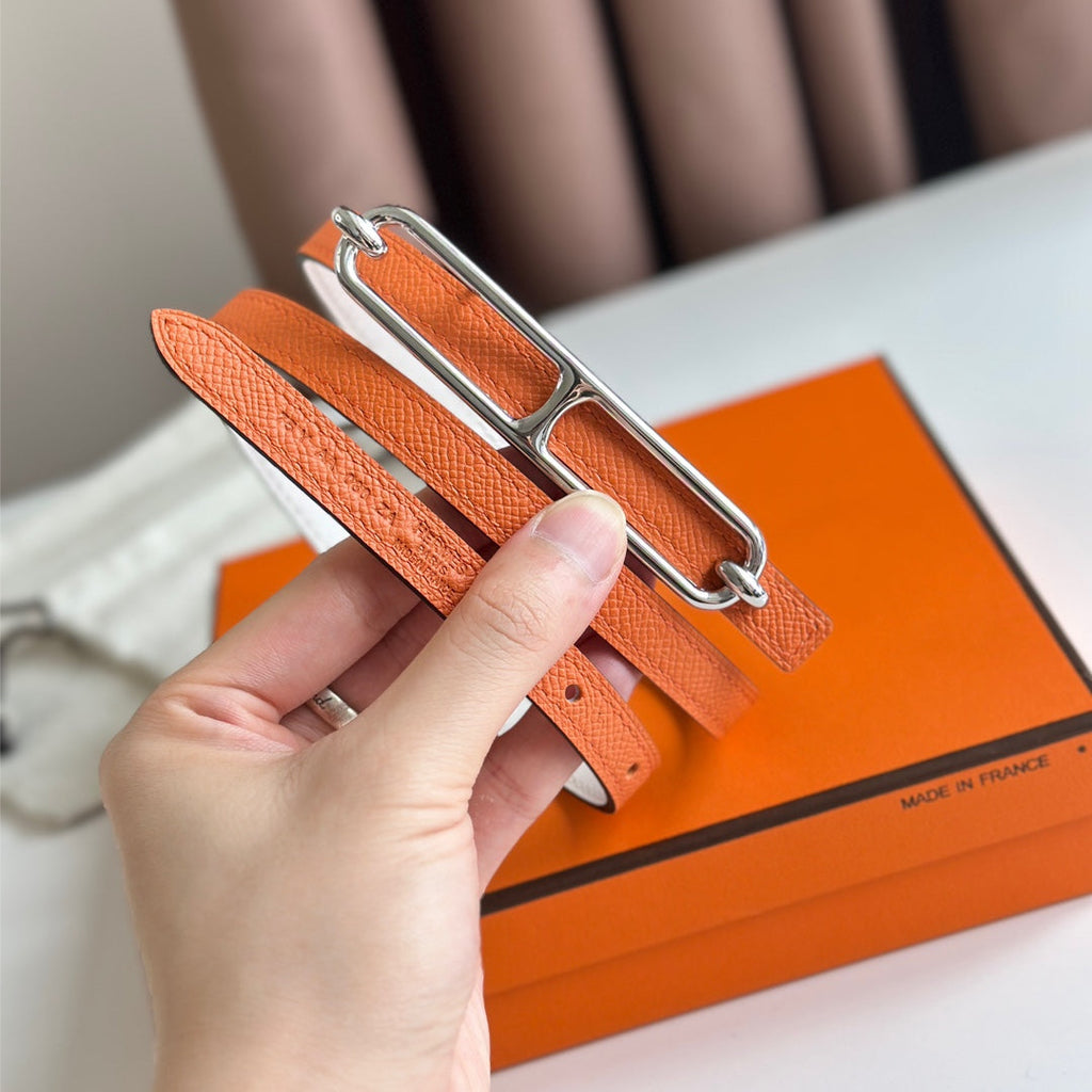 HM ROULIS BUCKLE & REVERSIBLE ORANGE AND WHITE LEATHER STRAP 13MM SILVER HARDWARE