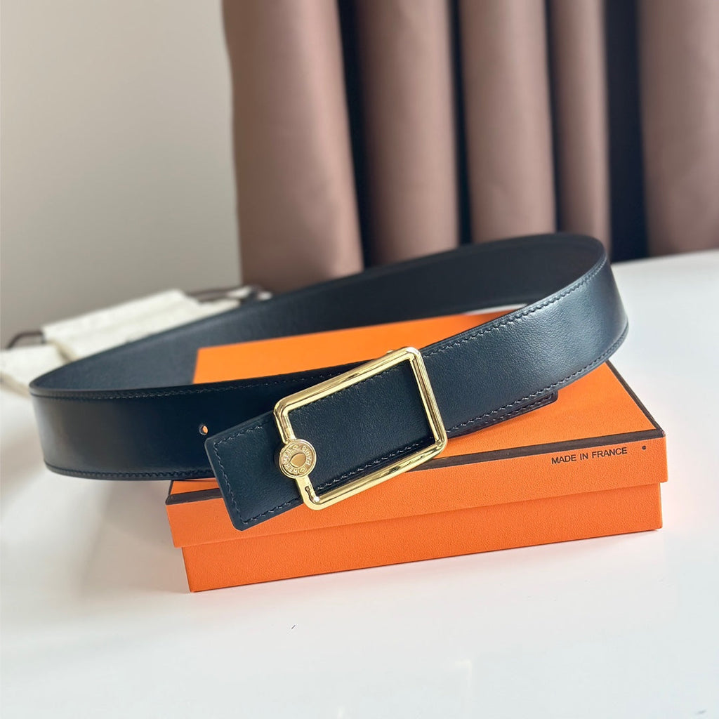 HM OSCAR BELT BUCKLE & REVERSIBLE BLACK LEATHER STRAP 38MM GOLD HARDWARE