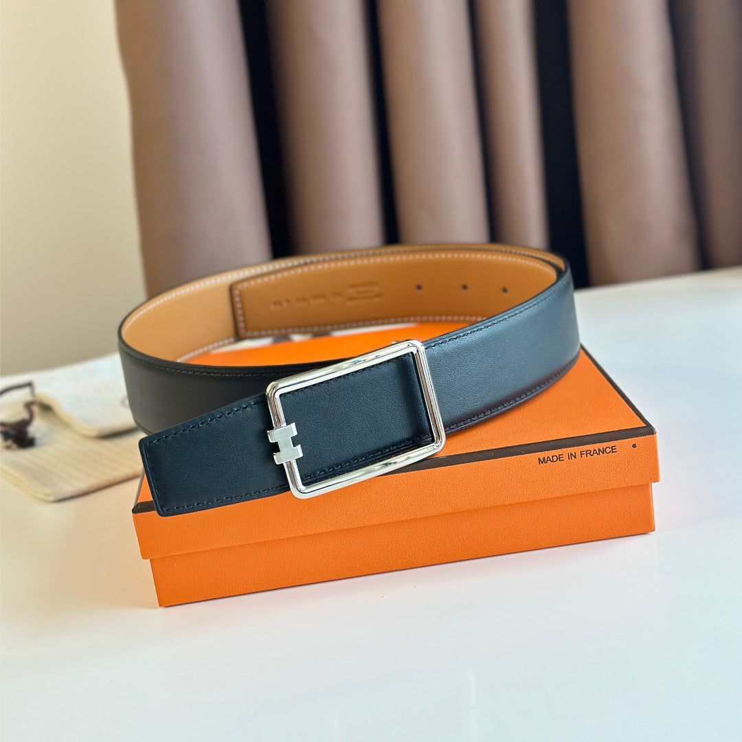 TUBE H BELT BUCKLE & REVERSIBLE PASTEL ORANGE AND BLACK LEATHER STRAP 38MM SILVER HARDWARE