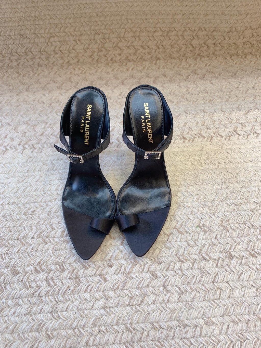 GAP CRYSTAL-BUCKLE SLIDE SANDALS IN BLACK SILK