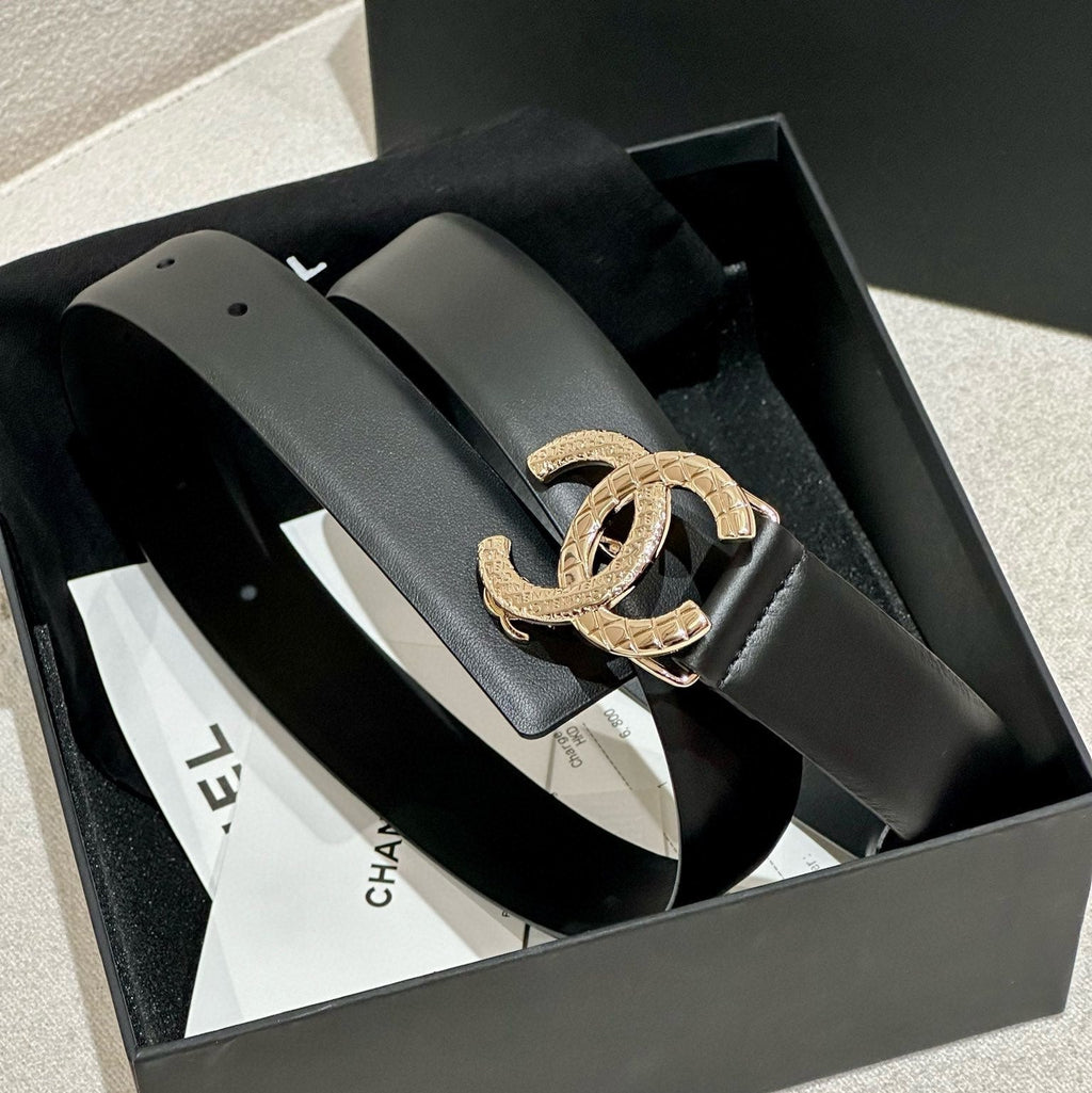 DOUBLE C BELT 30MM IN BLACK CALFSKIN WITH GOLD HARDWARE AND CARO STITCHING