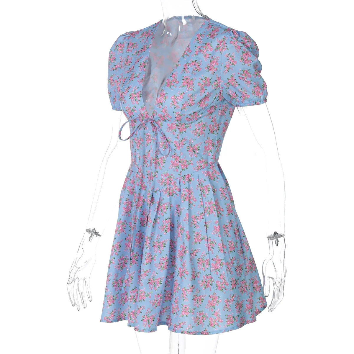 Hugcitar 2026 Floral Print V Neck Short Sleeve Lace Up Zip Up Sexy Slim Pleated Mini Dress Summer Elegant Outfits Party Vacation
