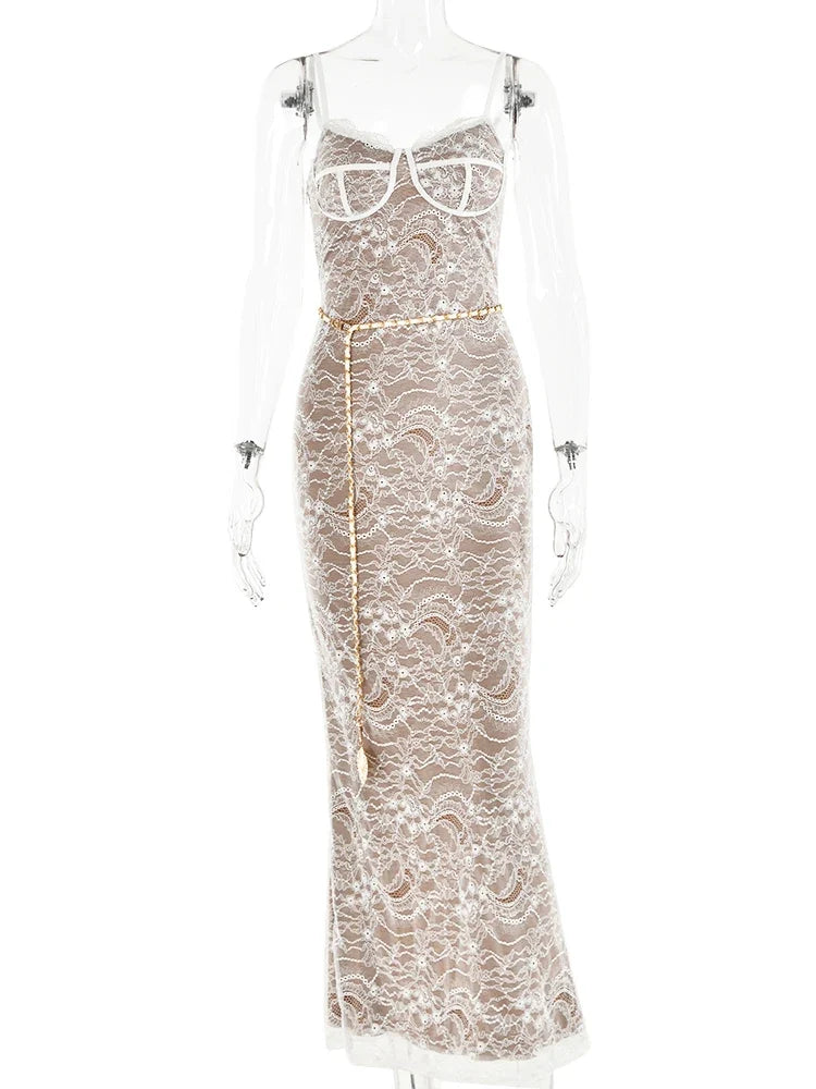 Articat Sexy Lace Print Double Layer Dress For Women Bodycon Backless Metal Heart Pendant Maxi Dress Party Club Evening Dress