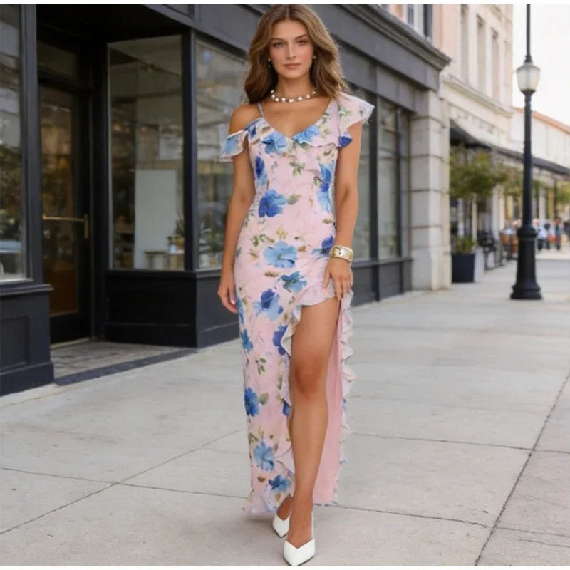Flutter Sleeves Slim Long Dress Women Casual Pleated Deep V-neck Floral Print High Waist Dresses 2026 Lady Summer Holiday Wear
