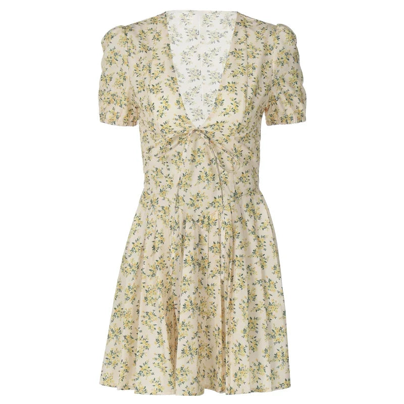 Hugcitar 2026 Floral Print V Neck Short Sleeve Lace Up Zip Up Sexy Slim Pleated Mini Dress Summer Elegant Outfits Party Vacation