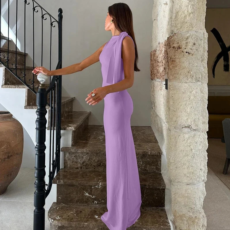 Hugcitar Fashion Solid O Neck Sleeveless Patchwork Sexy Bodycon Maxi Prom Dress Summer Women Clothes Party Festival Club Y2K