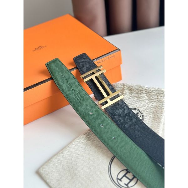 HERM H au Carre Reversible Belt 32MM in Green and Black Epsom Leather
