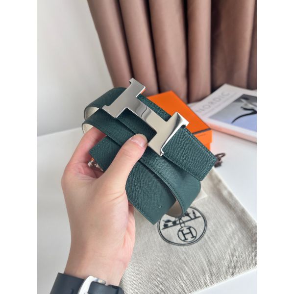 HERM Constance Reversible Belt 38MM in Green and Craie Epsom Calfskin