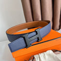 HERM H Reversible 38MM Belt with matte Buckle in Blue and Gold Epsom Leather