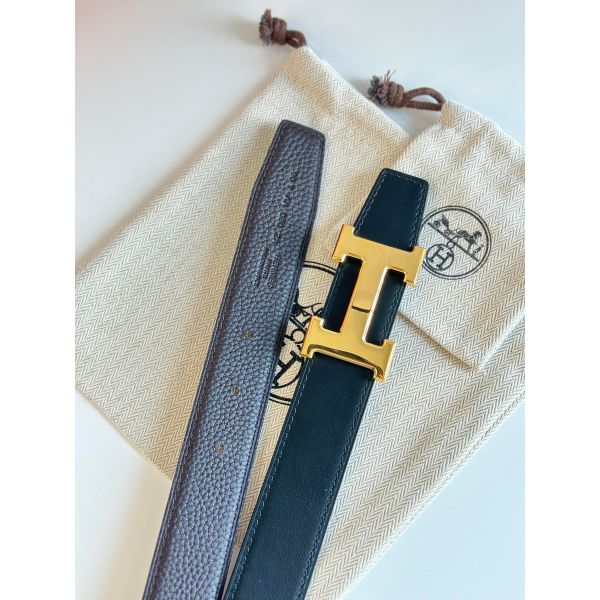 HERM H Reversible Belt 32MM in Chocolate Clemence Leather