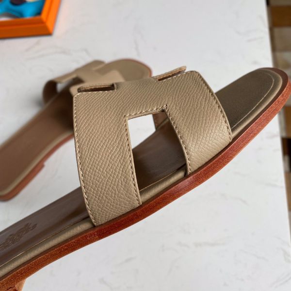 HERM Oran Slide Sandals In Trench Epsom Calfskin