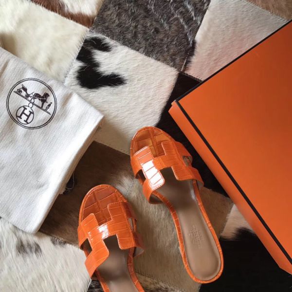 HERM Oasis Sandals In Orange Shiny Niloticus Crocodile