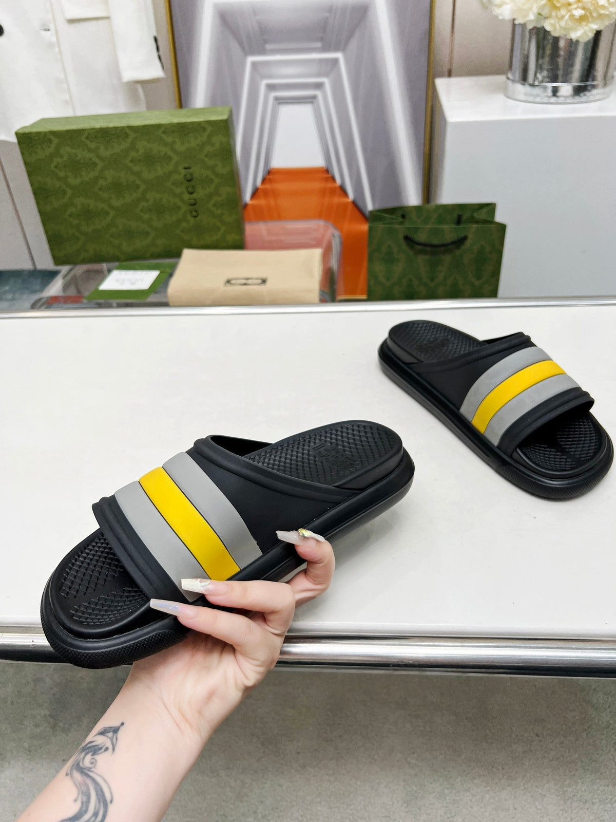 PLATFORM SLIPPERS IN BLACK MIX GRAY AND YELLOW IMPORTED TPU