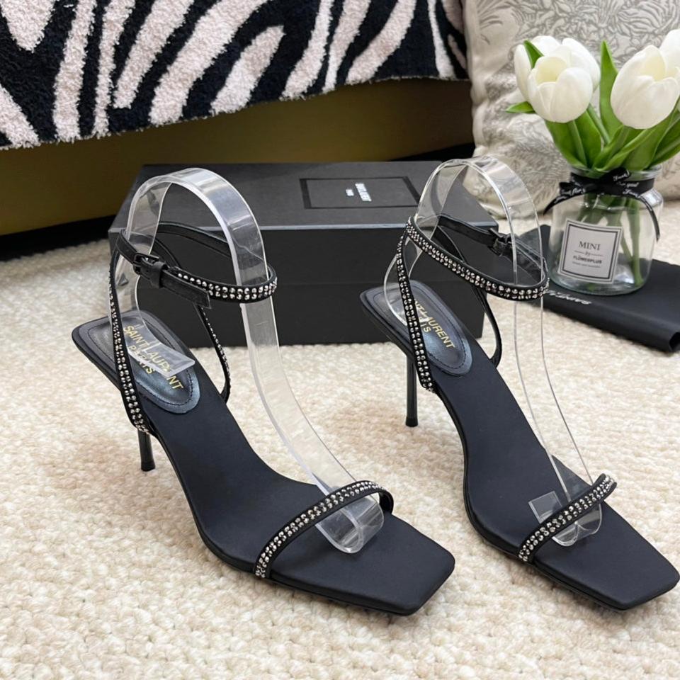 SL GEORGIA WHITE CRYSTAL SANDALS PUMP BLACK SATIN
