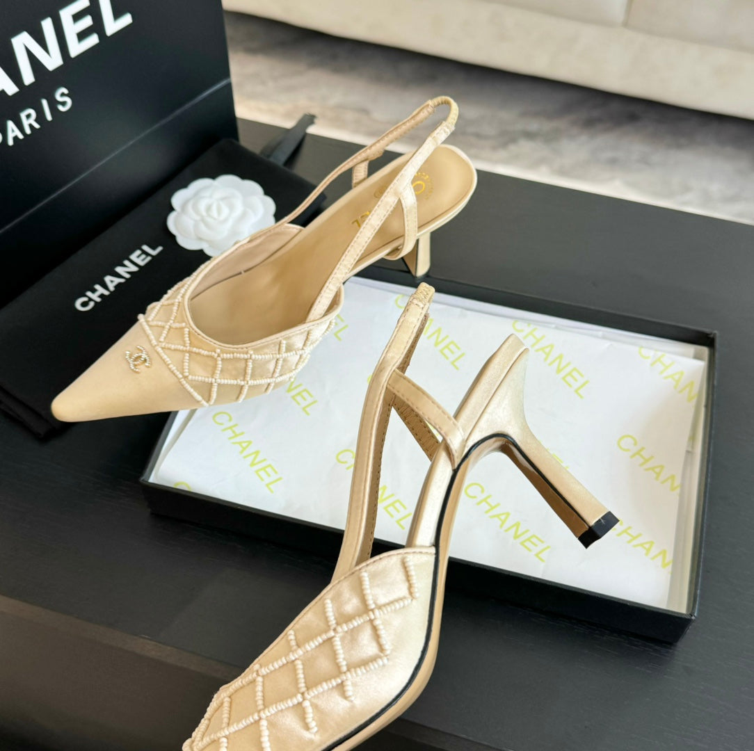 POINTED SLINGBACK MID HEELS BEIGE CREAM LAMBSKIN