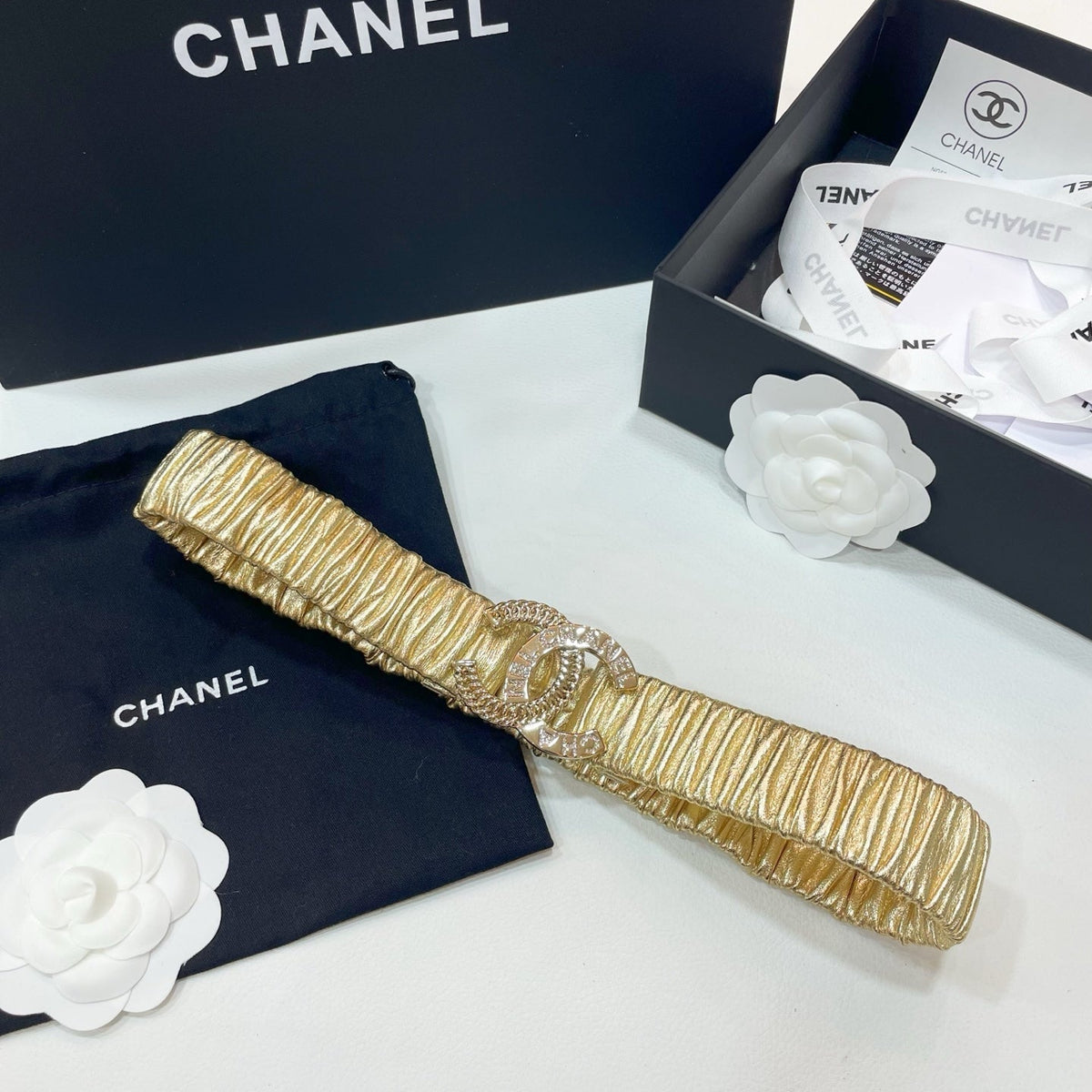 DOUBLE C ELASTIC BELT 30MM IN YELLOW CALFSKIN GOLD CRYSTAL EMBELLISHED BUCKLE
