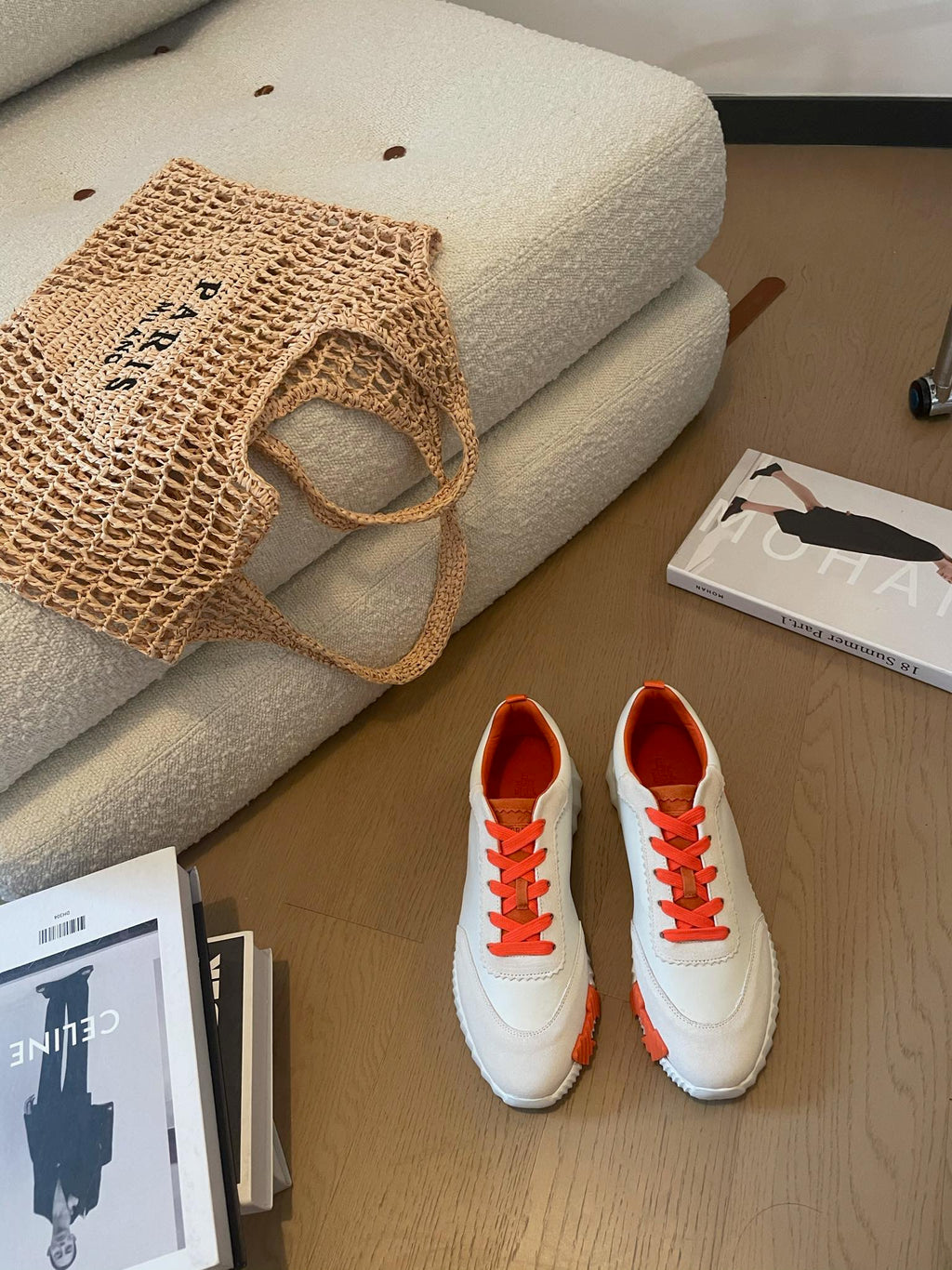 BOUNCING SNEAKERS WHITE CALFSKIN WITH ORANGE LACES