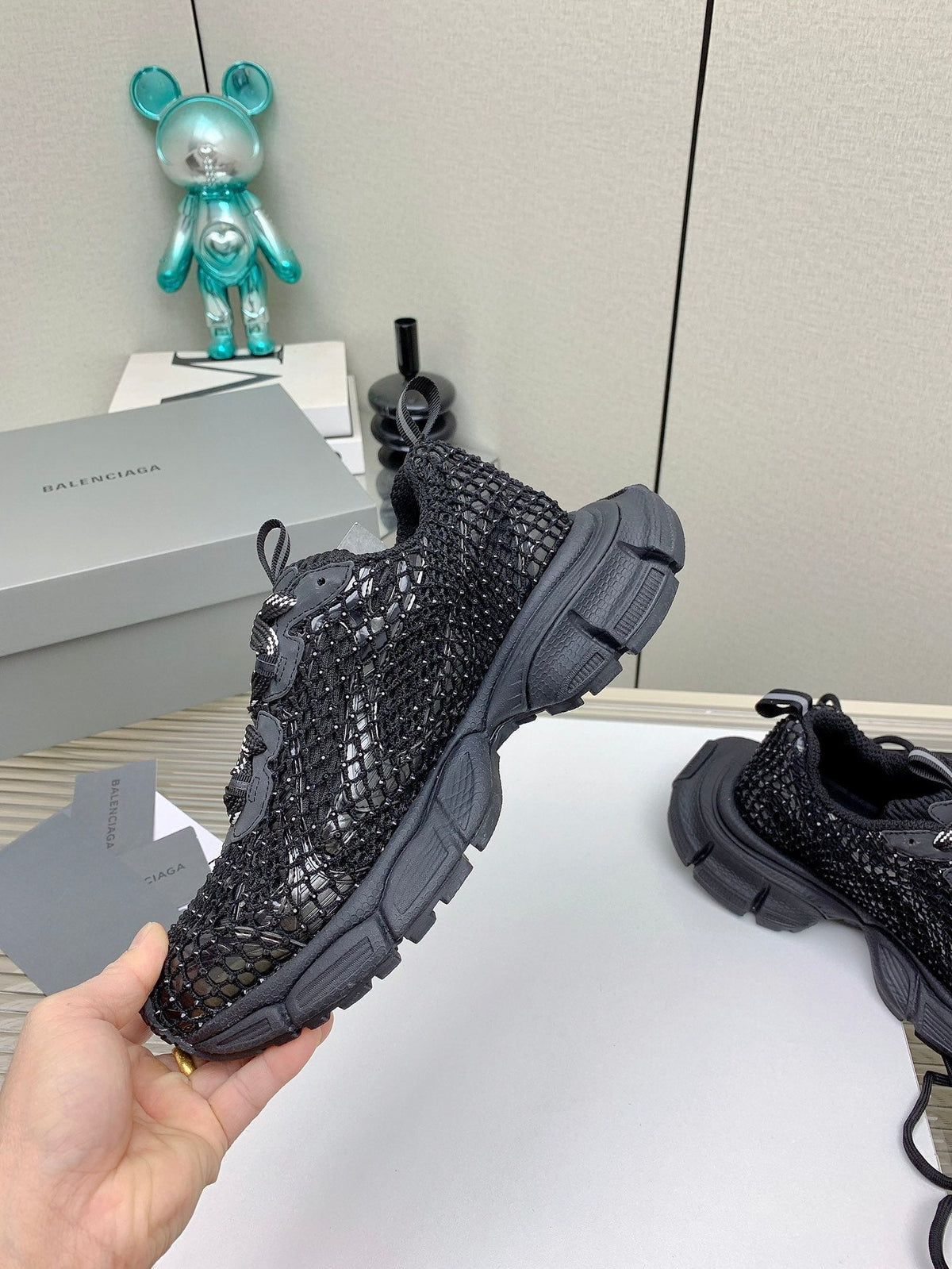 XL FISHNET SNEAKER IN BLACK MESH, POLYURETHANE, POLYESTER WITH RHINESTONES