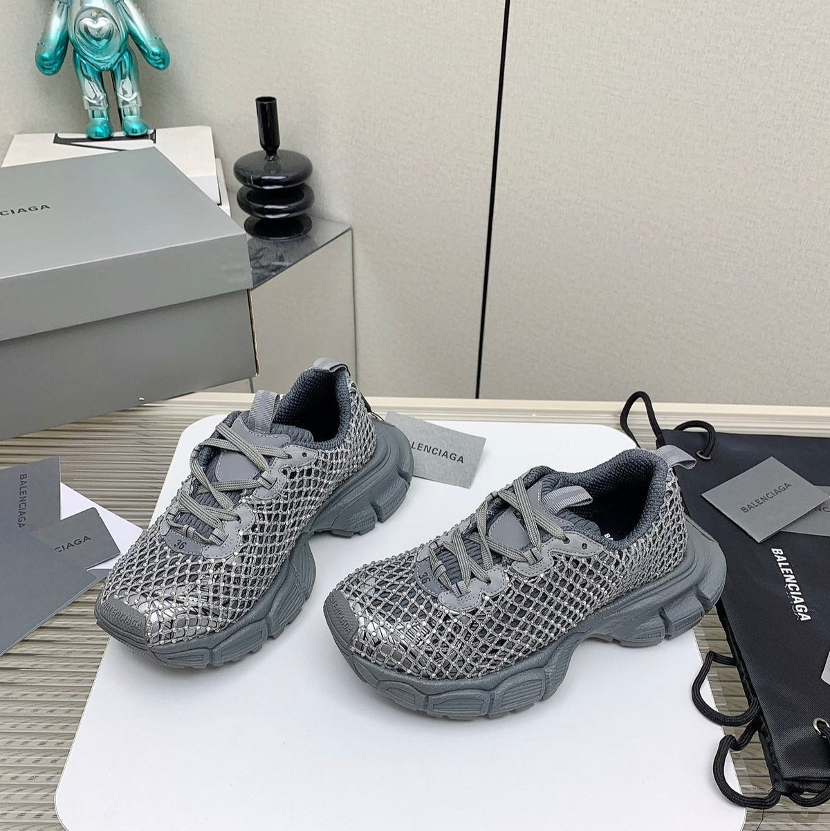 XL FISHNET SNEAKER IN GRAY MESH, POLYURETHANE, POLYESTER WITH RHINESTONES