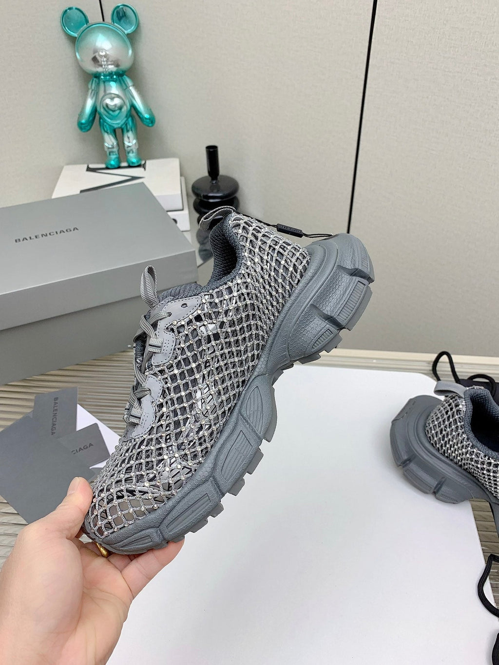 XL FISHNET SNEAKER IN GRAY MESH, POLYURETHANE, POLYESTER WITH RHINESTONES