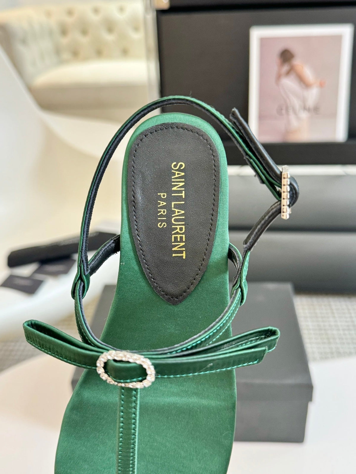 SL Silk Bow T-Strap Flat Sandals Green Leather