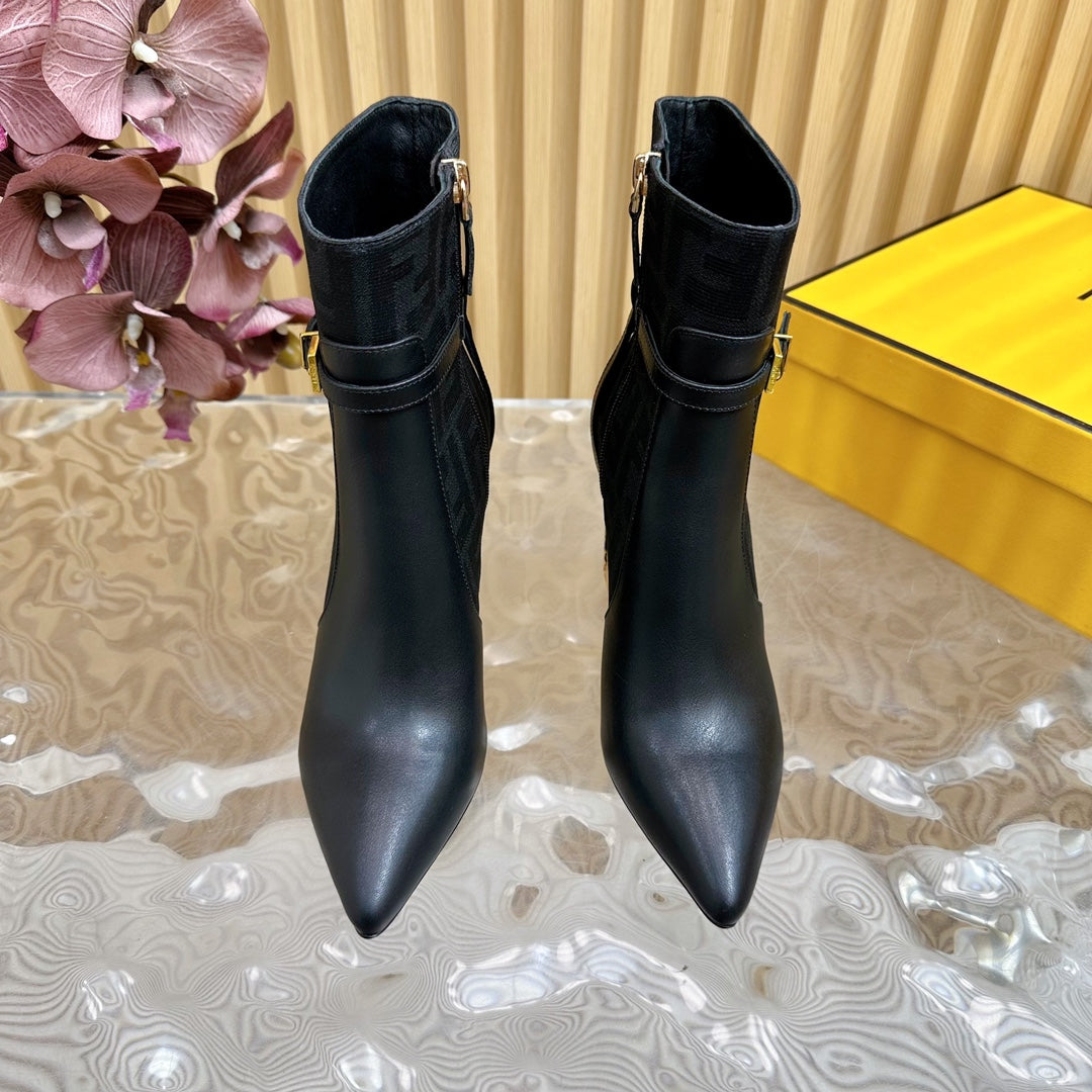 FF BOOTIES BOOTS IN BLACK CALFSKIN AND MONOGRAM FF FABRIC