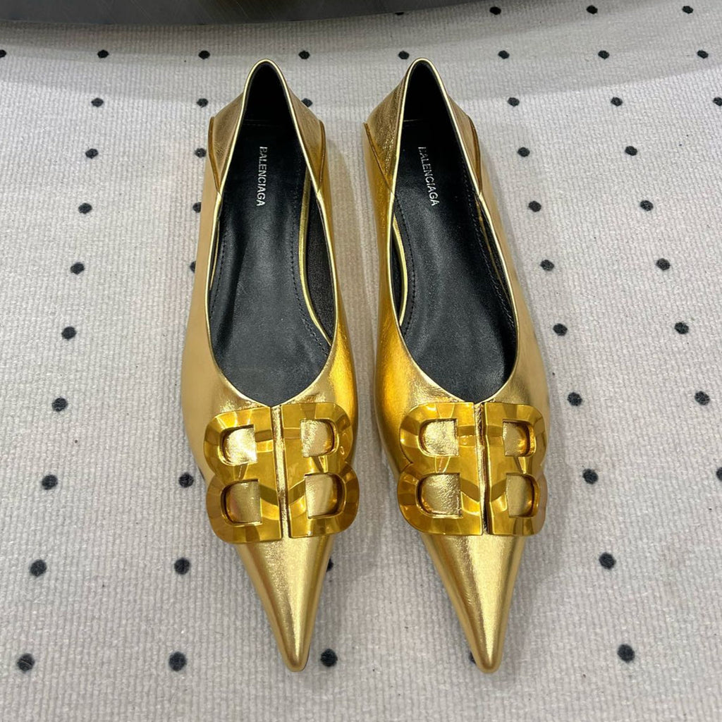 POINTED BB GOLD BUCKLE BALLET FLAT IN GOLD METALLIC SHINY CALFSKIN