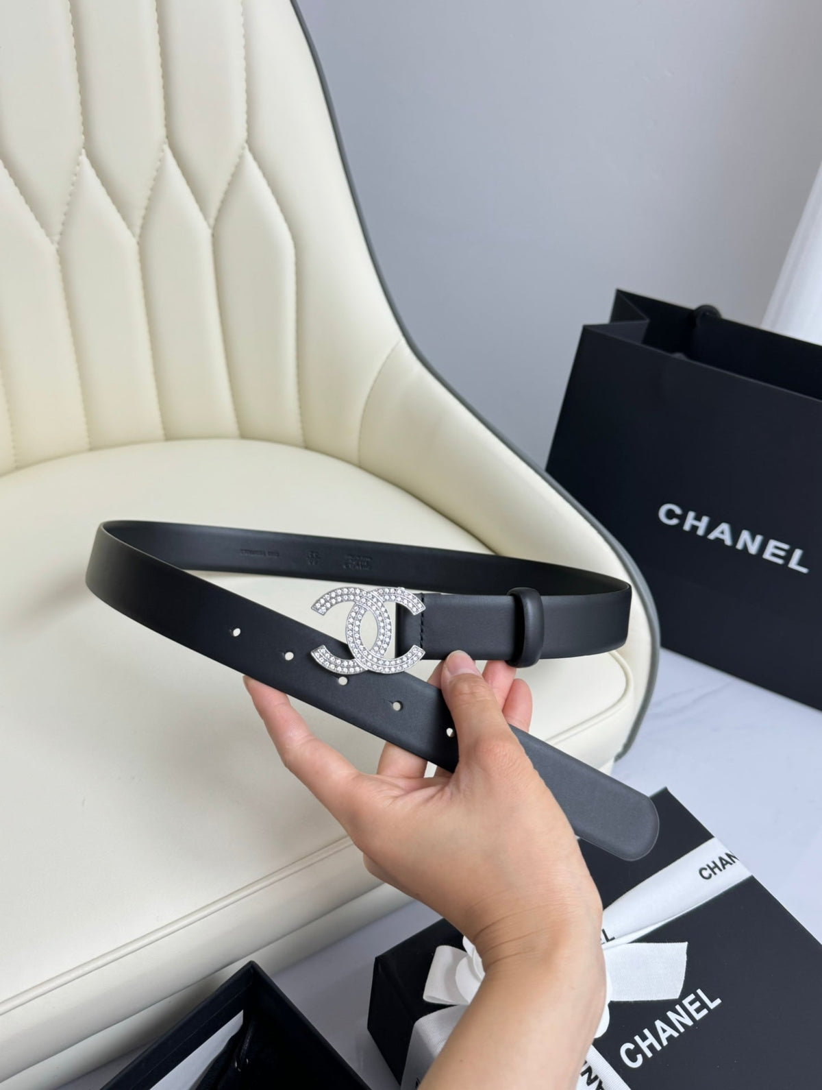 CC BELT 30MM IN BLACK SMOOTH CALFSKIN SILVER HARDWARE ATTACH RHINSTONES