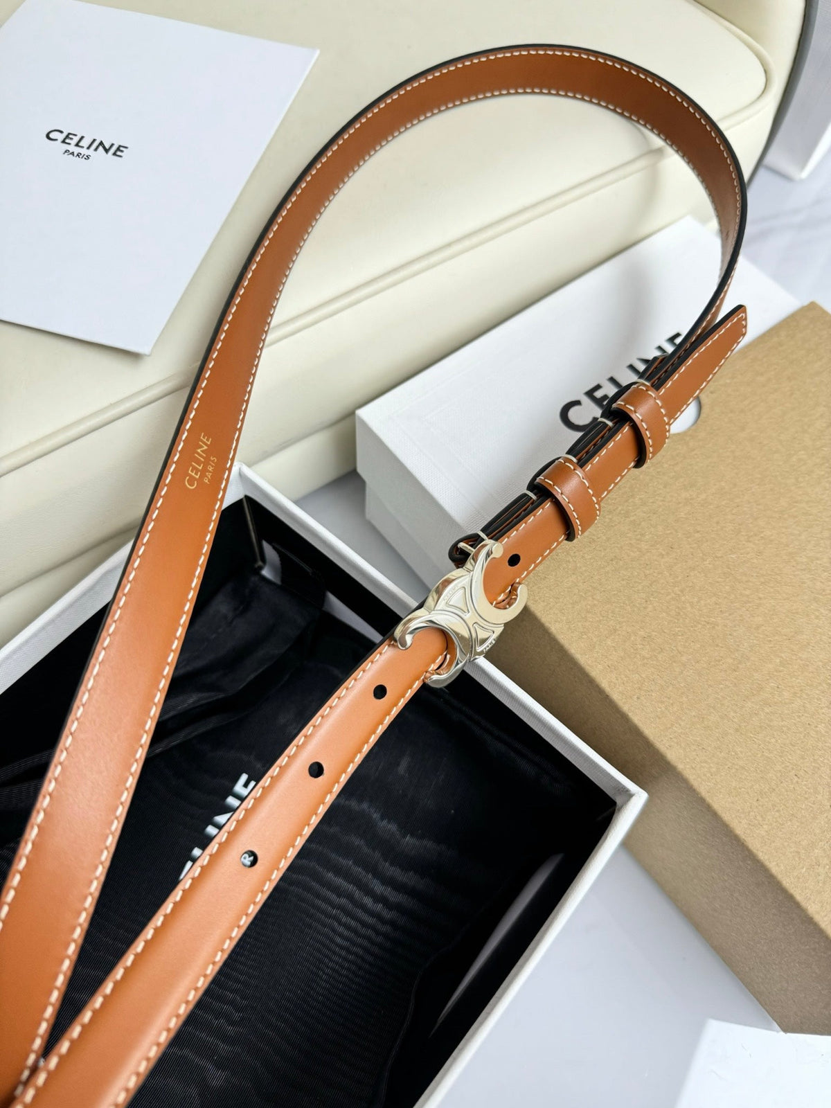 MINI TRIOMPHE BELT 13 MM BRONZE BROWN LEATHER SILVER HARDWARE