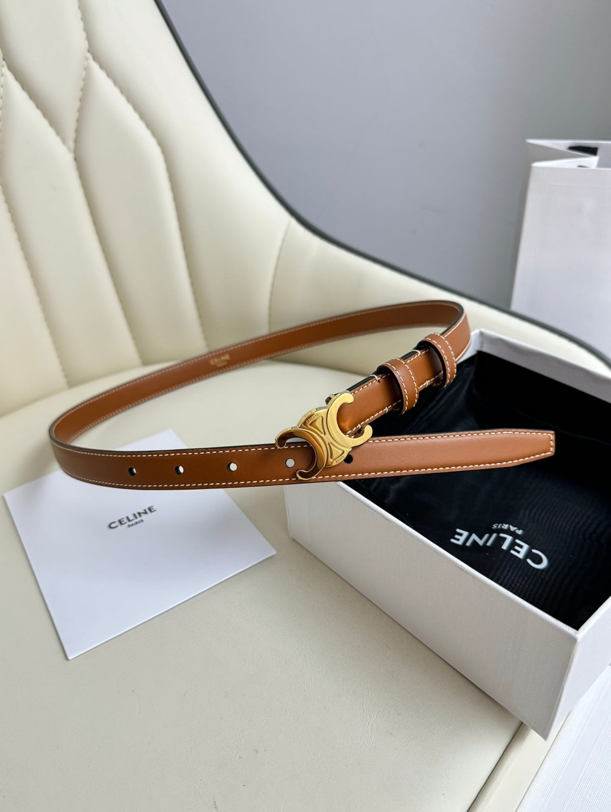 SMALL TRIOMPHE BELT 18 MM BRONZE BROWN LEATHER GOLD HARDWARE