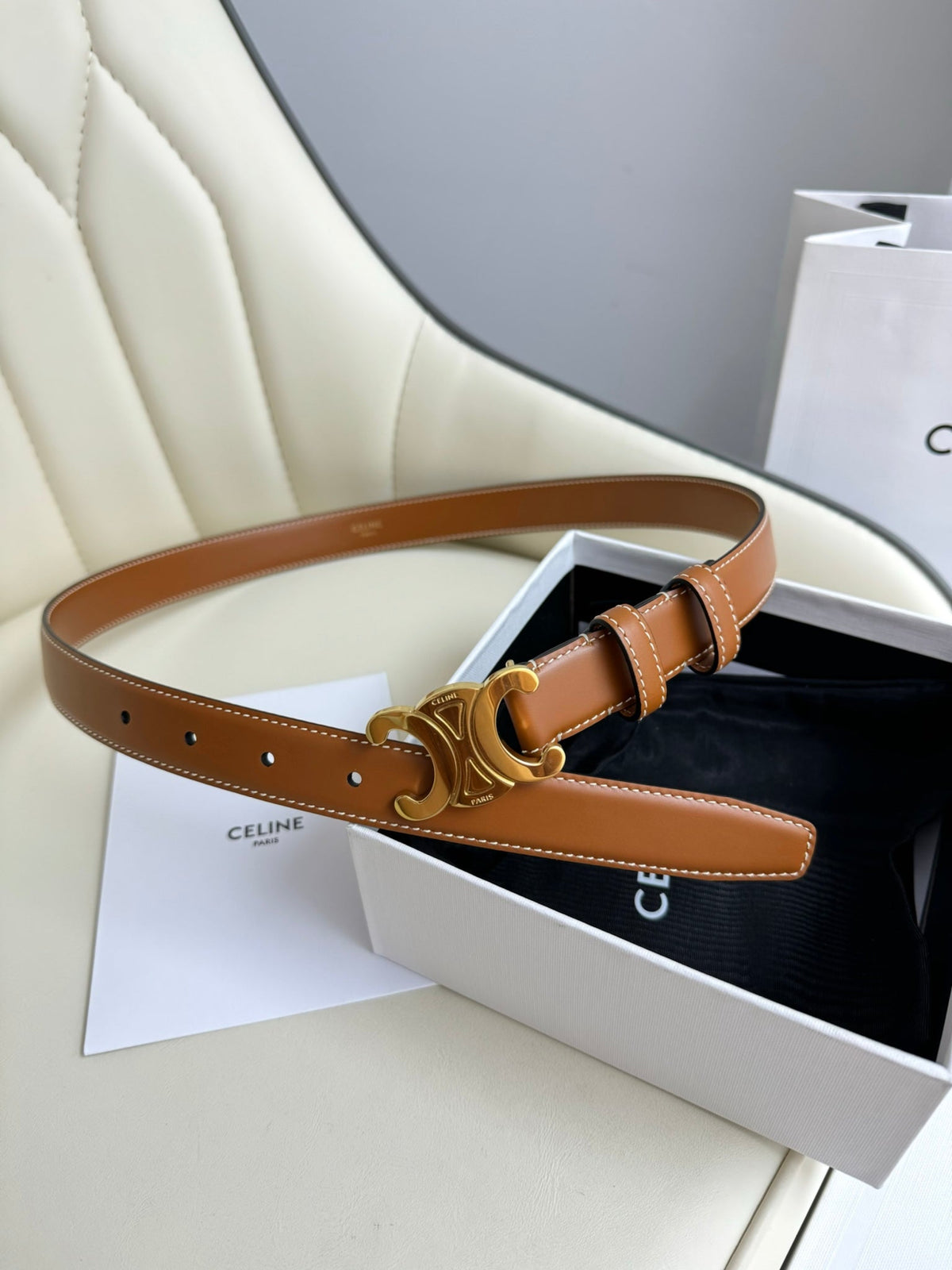 MEDIUM TRIOMPHE BELT 25MM BRONZE BROWN LEATHER GOLD HARDWARE