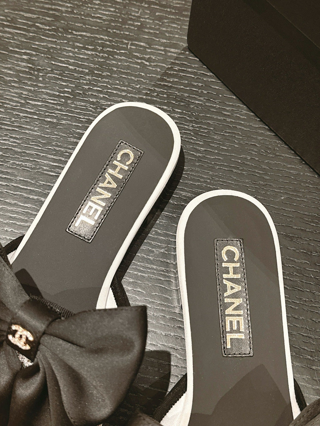 BOW LADY SLIPPERS BLACK LAMBSKIN WITH WHITE RHINESTONES