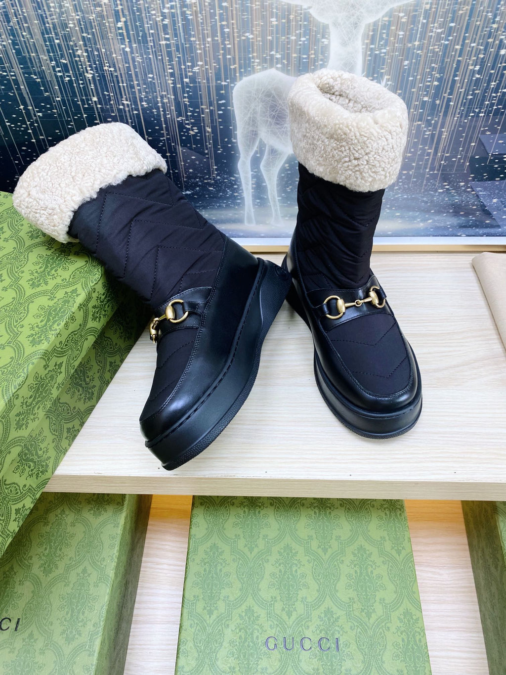 HORSEBIT ANKLE BOOTS WITH MERINO TRIM IN BLACK NYLON MIX CALFSKIN