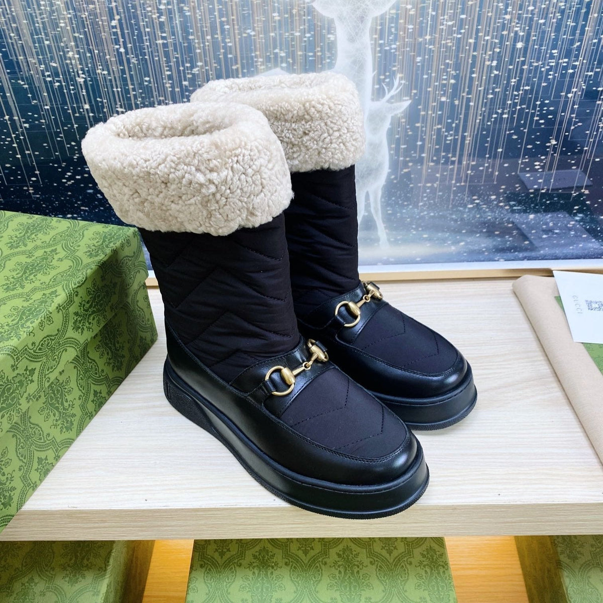 HORSEBIT ANKLE BOOTS WITH MERINO TRIM IN BLACK NYLON MIX CALFSKIN