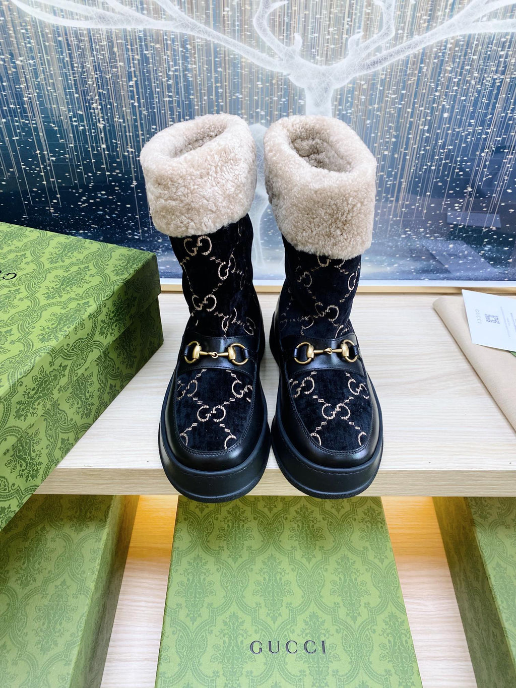 HORSEBIT ANKLE BOOTS WITH MERINO TRIM IN BLACK VELVET AND CALFSKIN