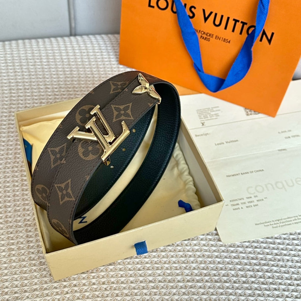 PRETTY LV 30MM REVERSIBLE BELT IN BLACK CALFSKIN GOLD HARDWARE