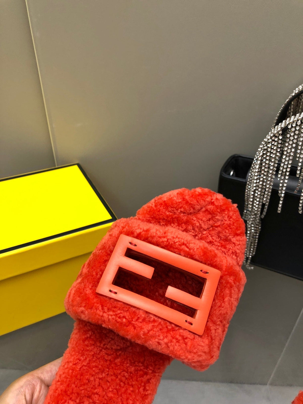 FENDI BAGUETTE SLIDE SLIPPERS IN CHERRY RED WOOL