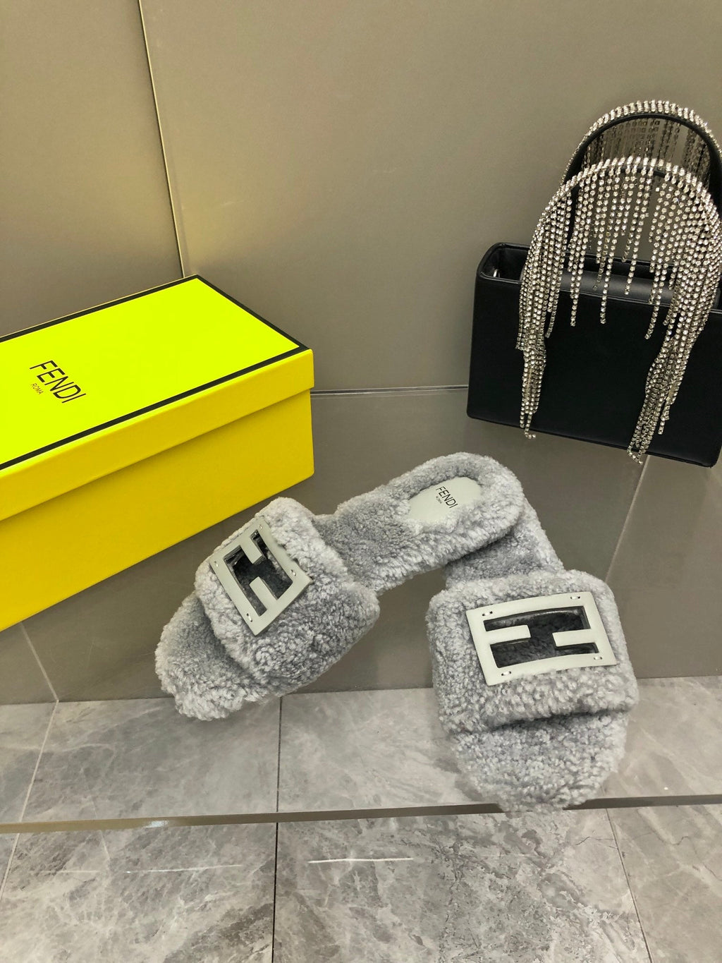 FENDI BAGUETTE SLIDE SLIPPERS IN GREY WOOL