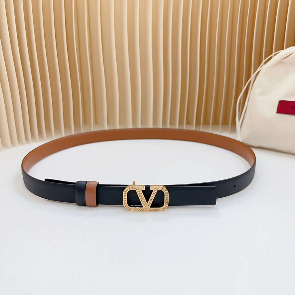Vlogo Buckle Water Wave Gold Copper Glossy Brown Black Leather 20mm Belt