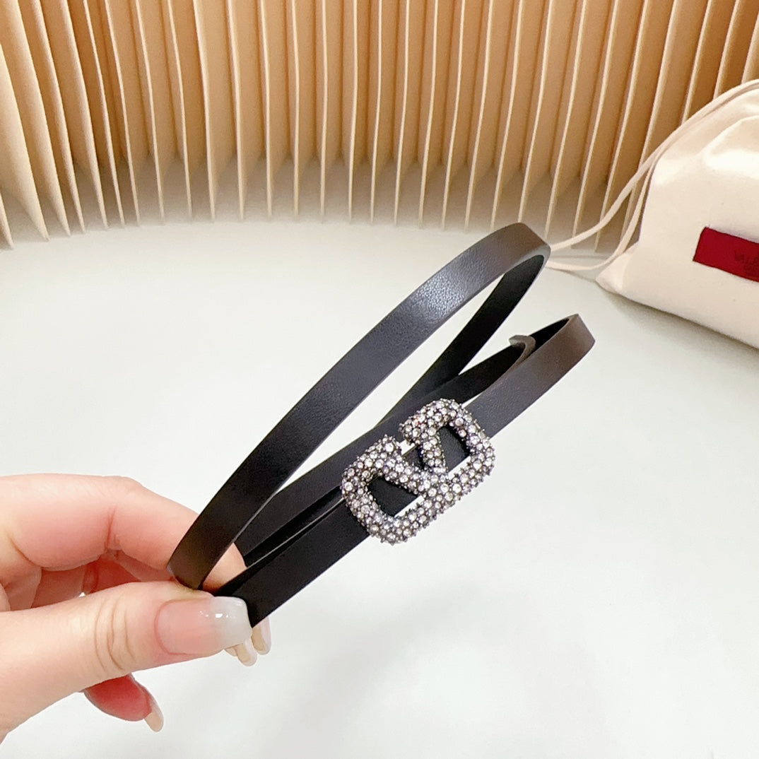 VL Belt 8mm Buckle Silver Diamond Leather Black