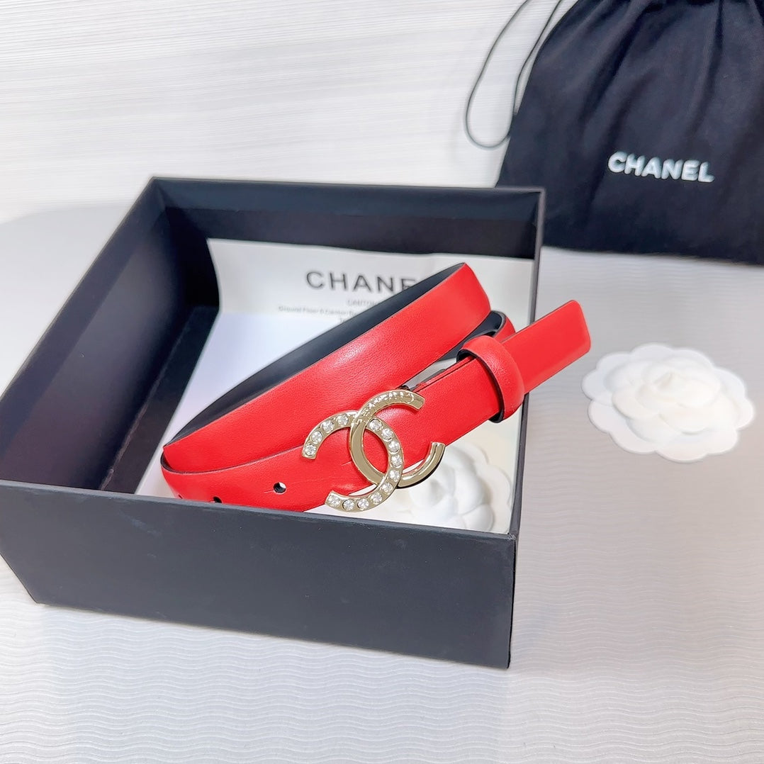 CC BELT 20 MM IN CRIMSON RED SMOOTH CALFSKIN GOLD HARDWARE ATTACH RHINSTONE